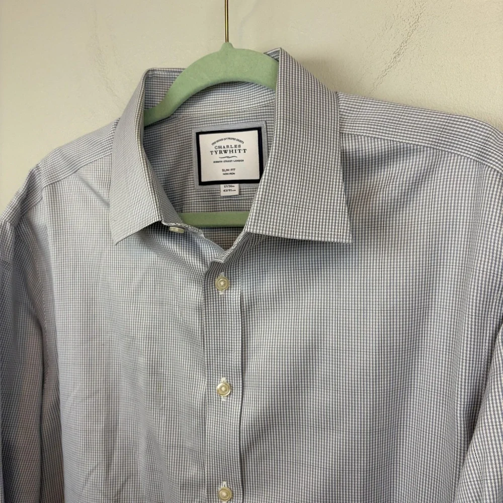 Charles Tyrwhitt Shirt‎ Mens 17/36 Blue Non Iron Slim Fit Gingham Check Dress